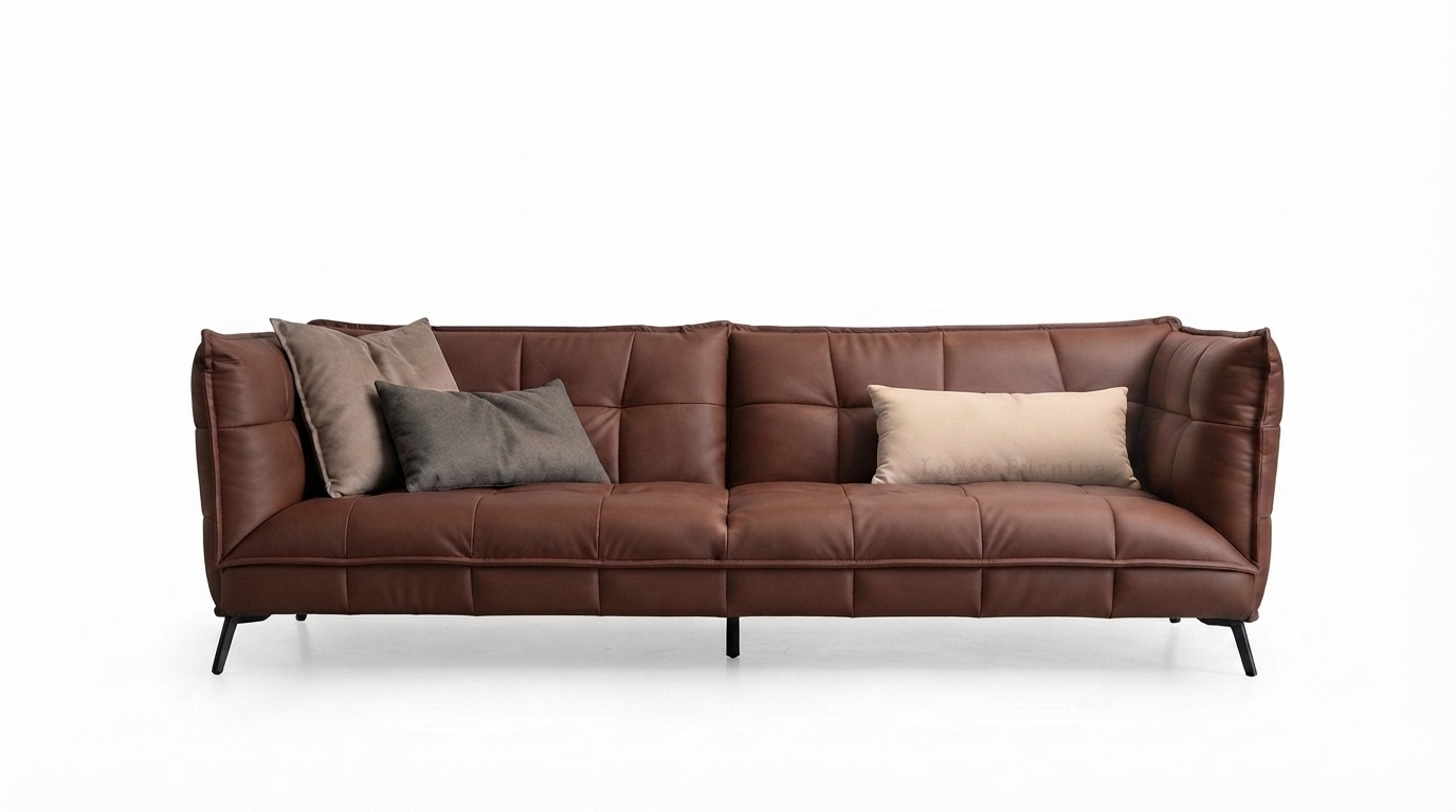 Brown_leather_sofa_on_white_202607241710 Tufted brown leather sofa - Image 1