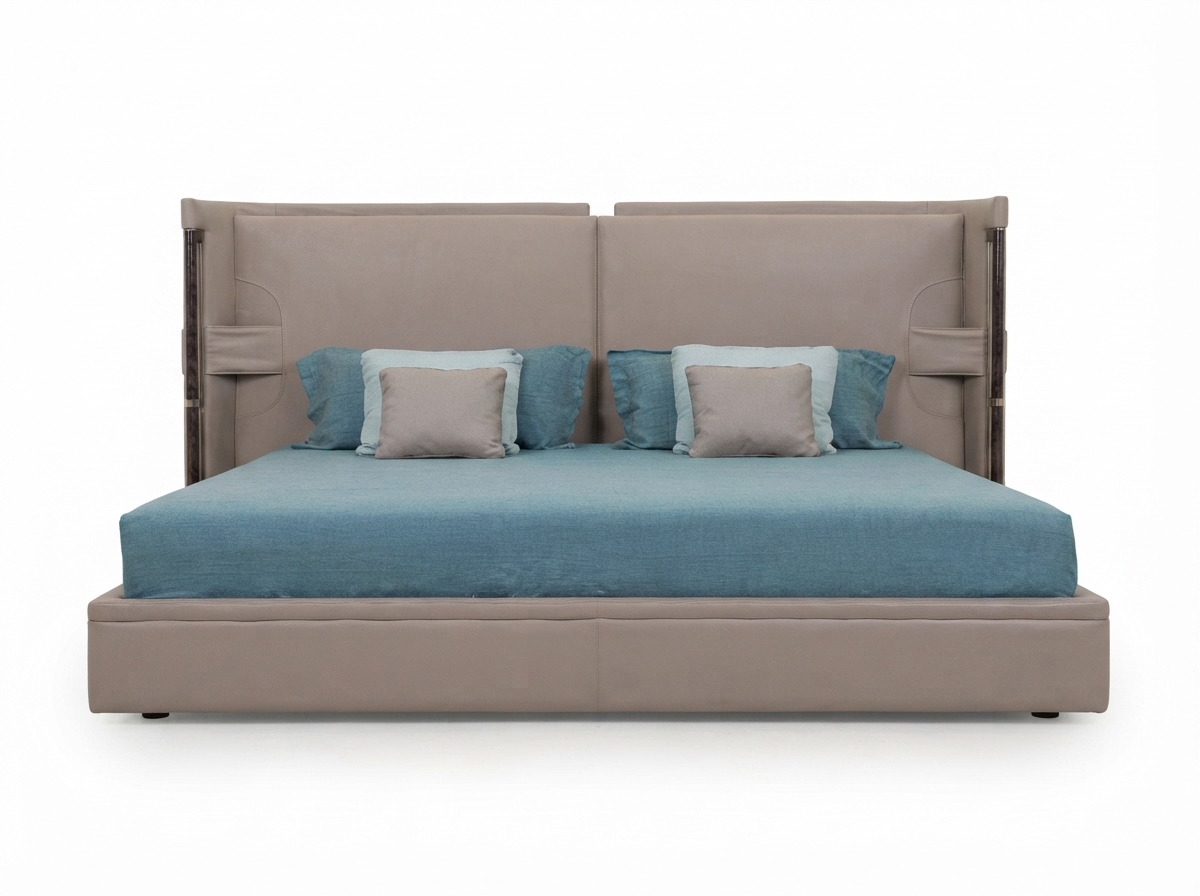 Taupe_leather_bed_teal_accents_202607241437 Italian Bed 4 - Image 1